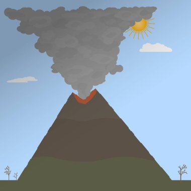 Volkan kraterinden kül ve duman emisyonu. Dağlarda doğal bir felaket. Stock vektör illüstrasyonunu düz şekilde yapın. Patlama.