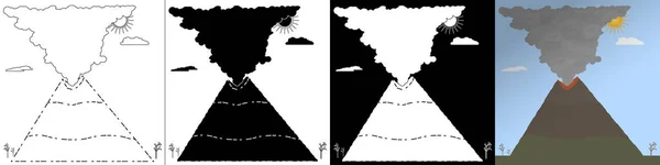 Zestaw Wektorowych Ilustracji Wybuchu Wulkanu Emisja Popiołu Dymu Krateru Styl — Wektor stockowy