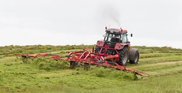Landwirt streut mit Traktor Heu auf Feld — Stockfoto