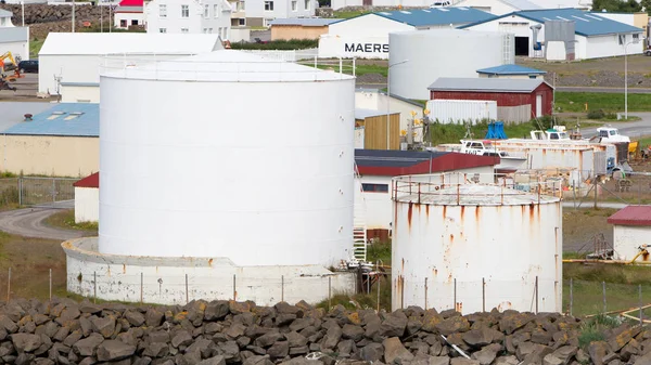 AKRANES, ICELAND - July 27, 2016: White gas storage tank in the — Stock Photo, Image