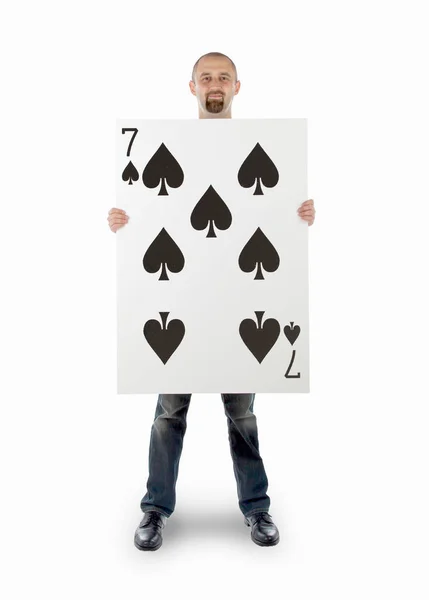 Empresário com grande carta de baralho — Fotografia de Stock