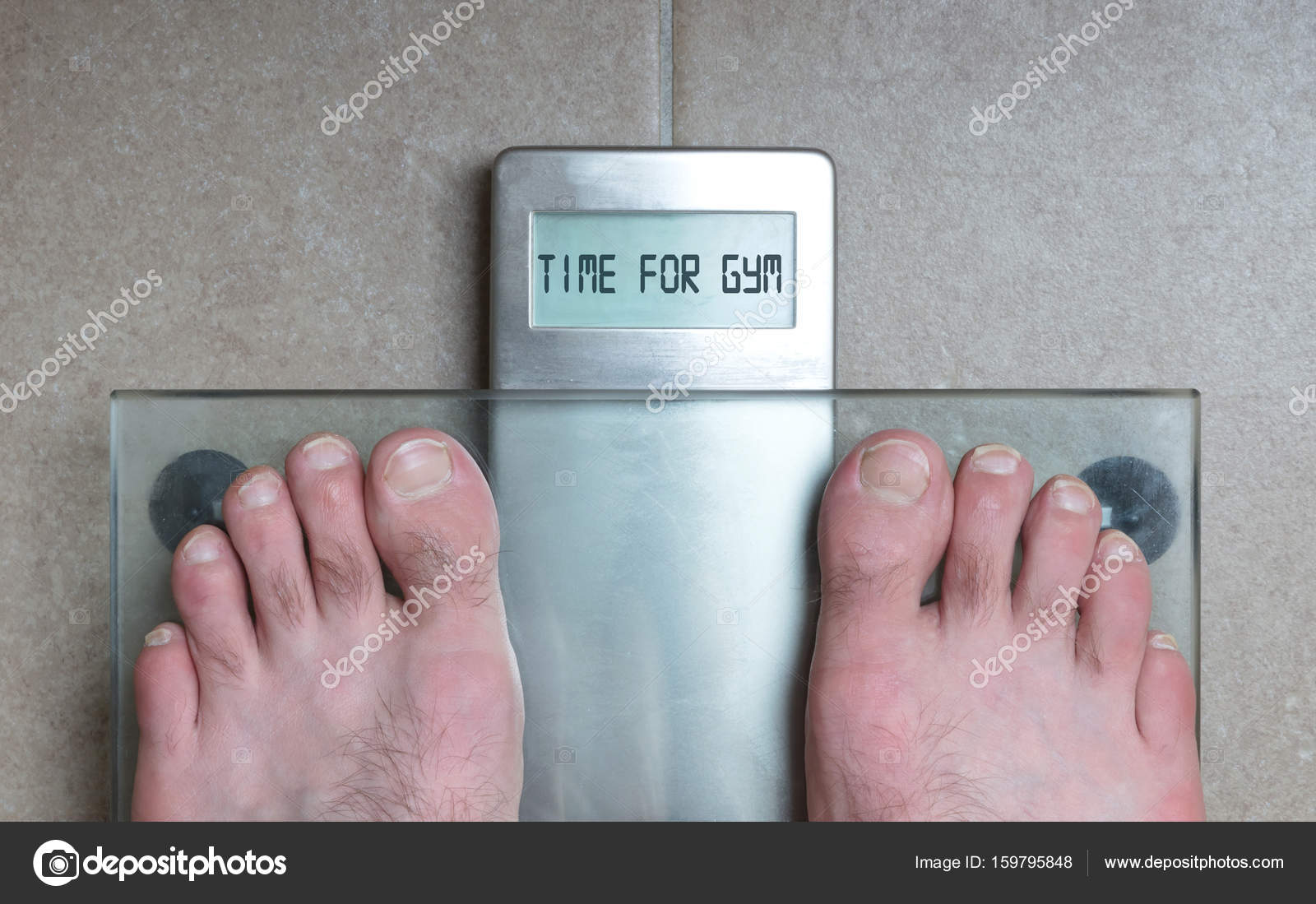 Man's feet on weight scale - Time for gym Stock Photo by ©michaklootwijk  159795848