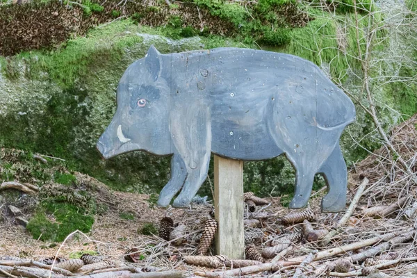Education in the forest - wooden wild boar waiting to be spotted — Stock Photo, Image