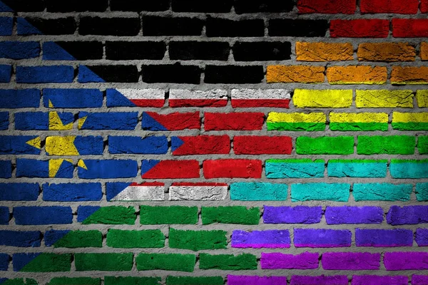 Textura de pared de ladrillo Bandera de Sudán del Sur con bandera de arco iris —  Fotos de Stock