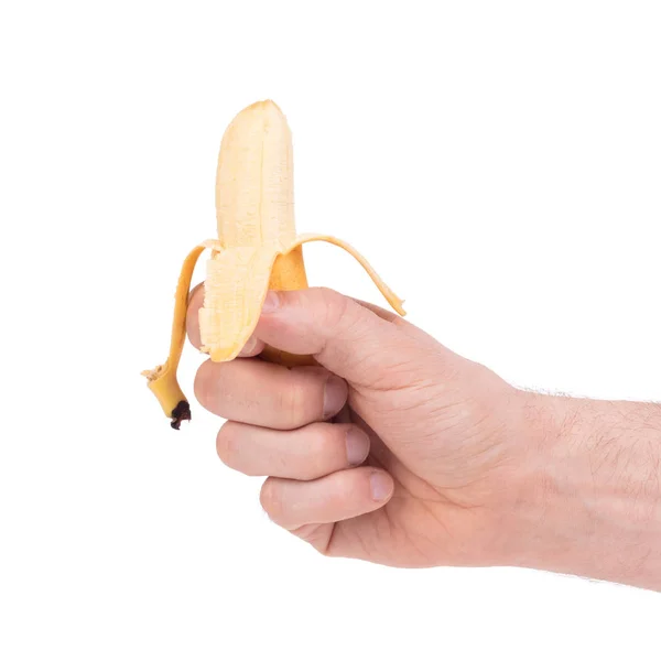Pequena Banana Tropical Uma Mão Isolada Branco — Fotografia de Stock
