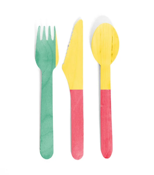 Eco friendly wooden cutlery - Plastic free concept - Flag of Ben — Stock Photo, Image