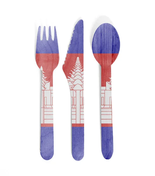 Eco friendly wooden cutlery - Plastic free concept - Flag of Cam — Stock Photo, Image