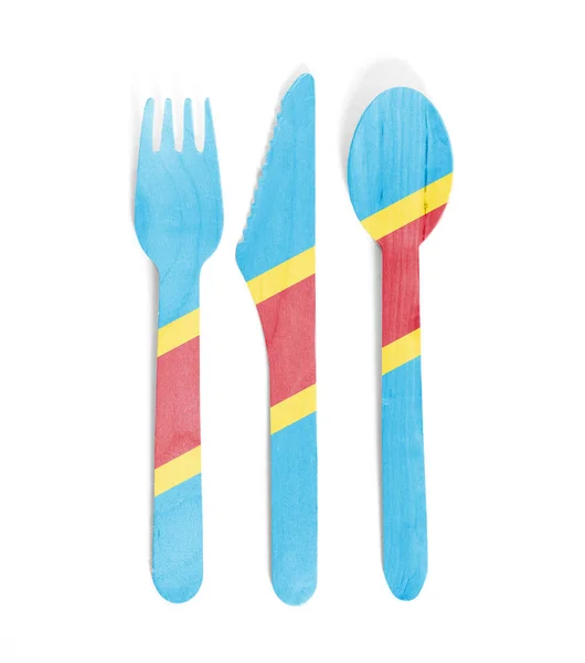 Eco friendly wooden cutlery - Plastic free concept - Flag of Con — Stock Photo, Image