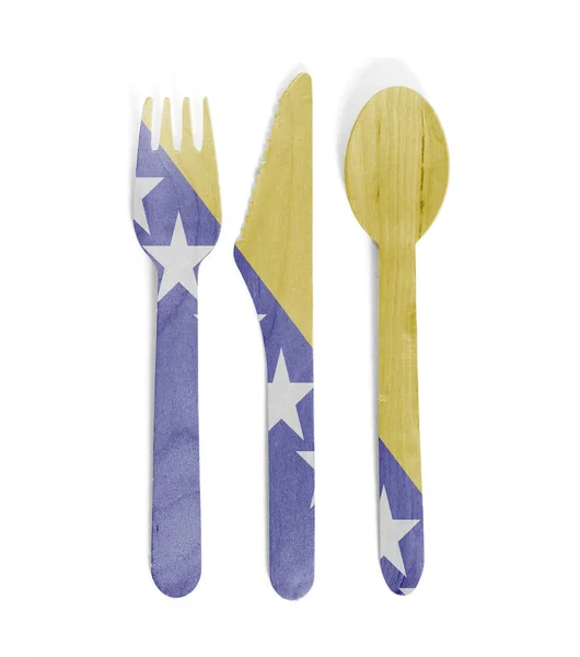 Eco friendly wooden cutlery - Plastic free concept - Flag of Bos — Stock Photo, Image