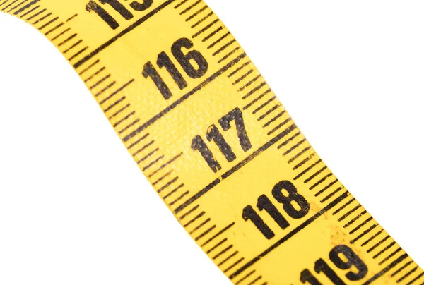 Detailní záběr žluté měřicí pásky izolované na bílé - 117 — Stock fotografie
