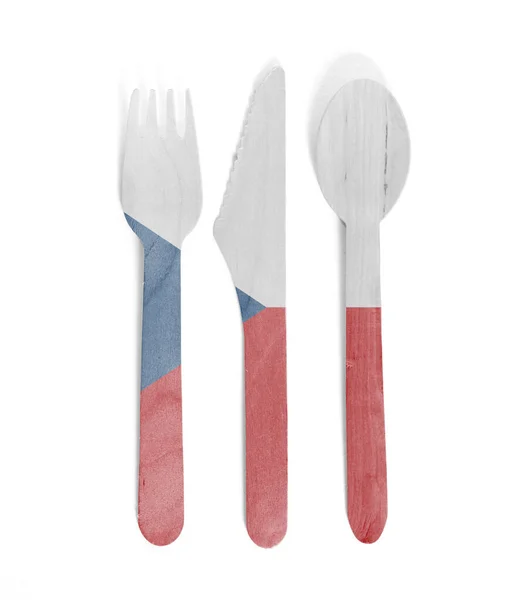 Eco friendly wooden cutlery - Plastic free concept - Flag of Cze — Stock Photo, Image