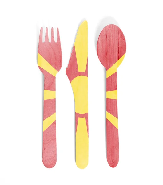 Eco friendly wooden cutlery - Plastic free concept - Flag of Mac — Stock Photo, Image