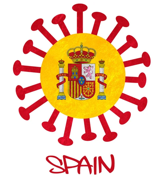 Spaniens Nationella Flagga Med Koronavirus Eller Bakterier Isolerad Vitt — Stockfoto