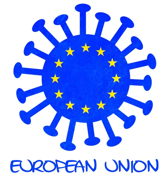 带有日冕病毒或细菌的欧洲联盟旗帜 在白色上分离 — 图库照片