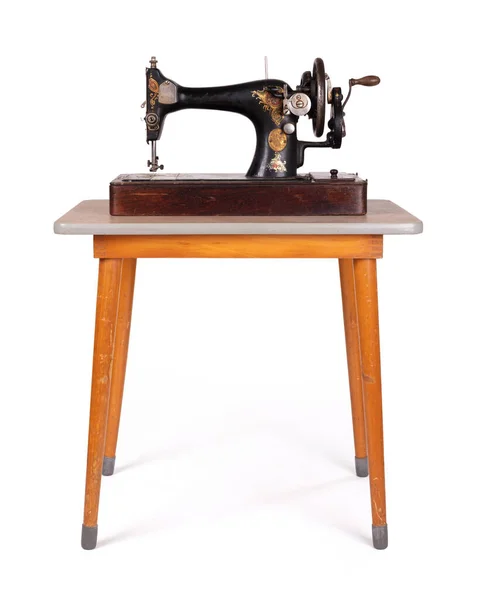 Antique Vintage Sewing Machine Old Table Isolated White — Stock Photo, Image