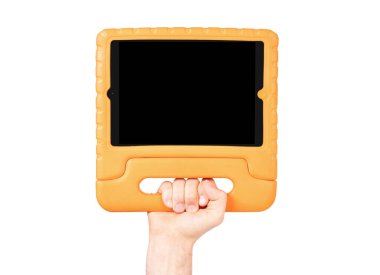 Parlak kapaklı tablet, çocuklar için tasarlanmış, beyaza izole edilmiş.