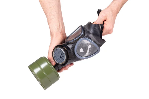 Man Holding Vintage Gasmask Isolated White Background Green Filter — Stock Photo, Image