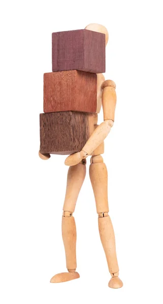 Wooden Mannequin Carrying Wooden Hardwood Blocks Isolated White — Stock Photo, Image