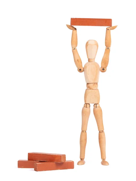 Wooden Mannequin Carrying Wooden Block Isolated White — Stock Photo, Image