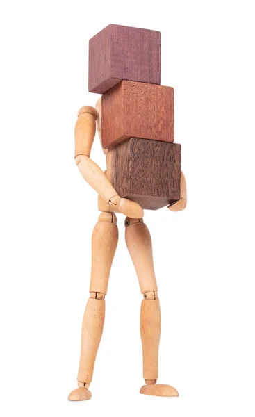 Wooden Mannequin Carrying Wooden Hardwood Blocks Isolated White — Stock Photo, Image