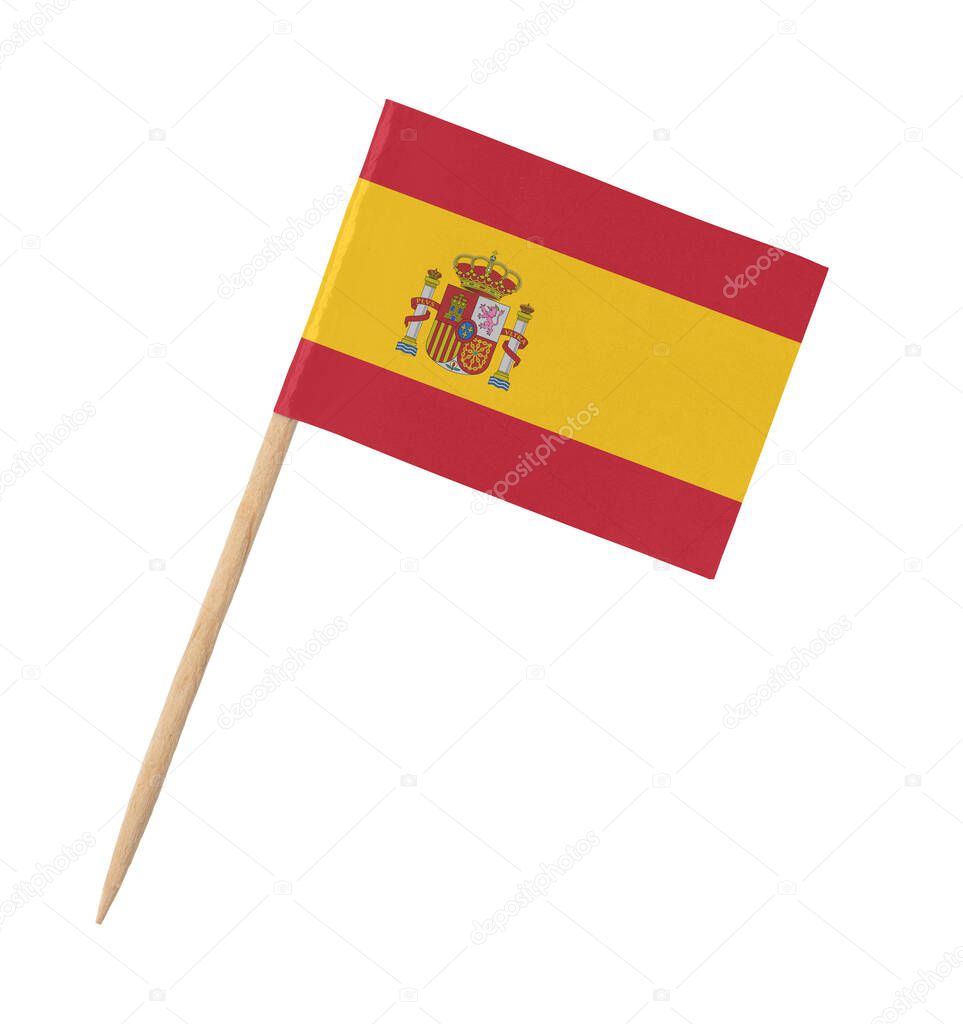 Small paper Spanish flag on wooden stick, isolated on white