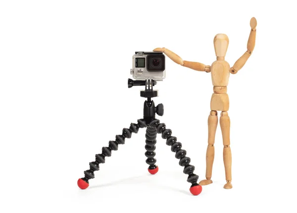 Wooden Dummy Standing Trying Make Video Photo Isolated White — Stock Photo, Image