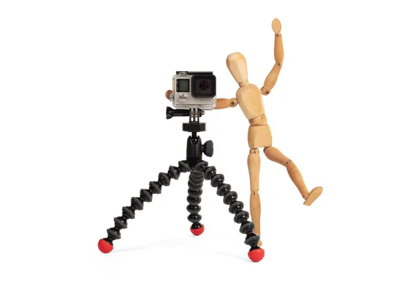 Wooden Dummy Standing Trying Make Video Photo Isolated White — Stock Photo, Image