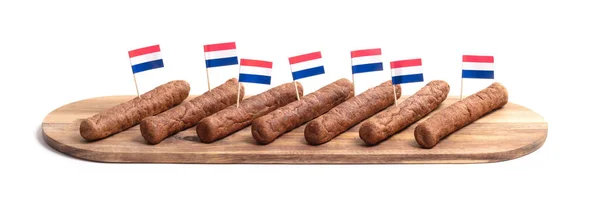Dřevěný Podnos Frikadellenem Holandská Svačinka Izolovaný — Stock fotografie