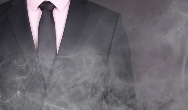 Man Black Suit Black Tie Standing Smoke Close — Stock Photo, Image