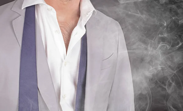 Man Grey Suit Blue Tie Standing Smoke Close — Stock Photo, Image