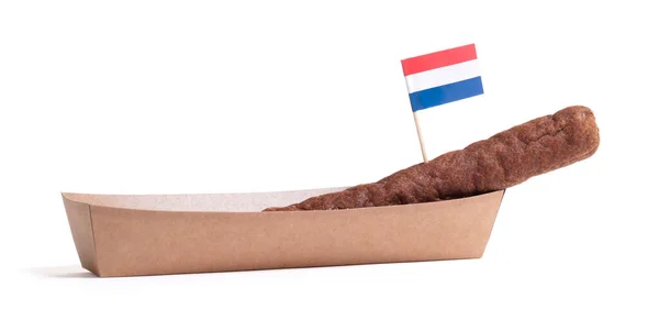 Een Frikadel Een Nederlandse Fastfood Snack Een Papieren Dienblad — Stockfoto