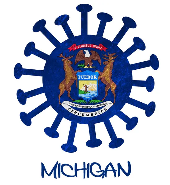 Staat Vlag Van Michigan Met Corona Virus Bacteriën Geïsoleerd Wit — Stockfoto
