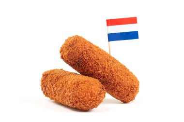Brown crusty dutch kroketten with dutch flag, isolated on a white background clipart