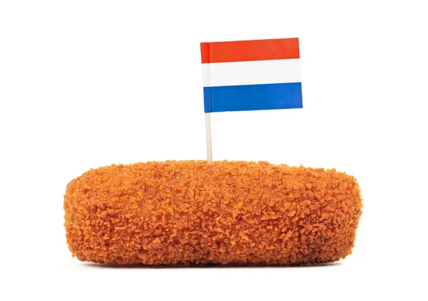 Bruine Kroket Met Nederlandse Vlag Geïsoleerd Een Witte Achtergrond — Stockfoto