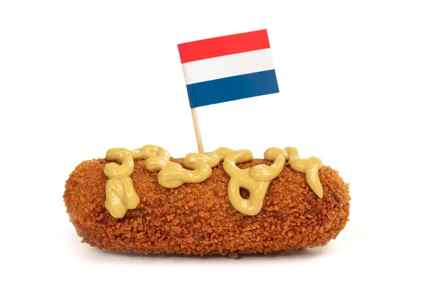 Hnědá Křupavá Holandská Kroket Hořčicí Topping Izolované Bílém Pozadí — Stock fotografie