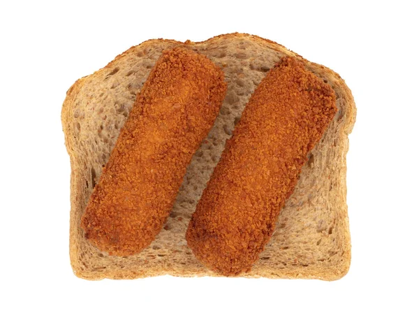 Bruine Kroketten Een Stuk Brood Geïsoleerd Een Witte Achtergrond — Stockfoto