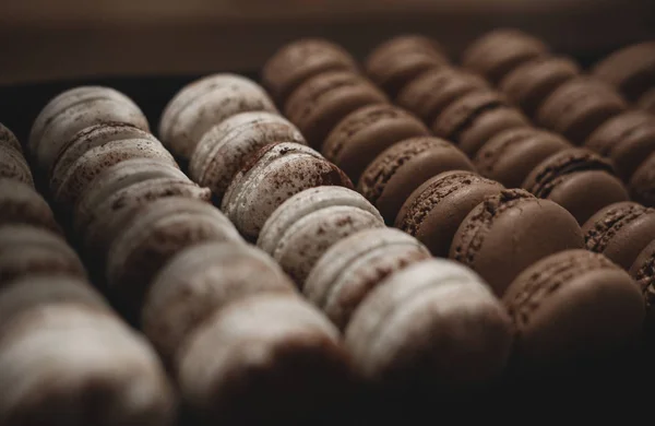 Viele weiße und braune Macarons — Stockfoto