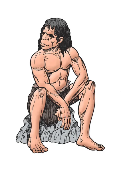 primitive man seating on a rock illustration