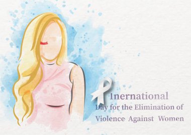 Dudak nemlendiricisinden (kadınlara karşı durun sembolü) fırçalı güzel bir kadın ve beyaz kurdeleli, mavi suluboya desenli olayın adı. Suluboya tarzı ve vektör tasarımlı kampanya posteri.