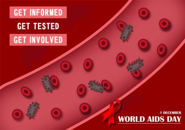 Kan damarlarında kırmızı kan hücreleri ve kırmızı kurdeleli HIV virüsünün yakın çekim ve makro görüntüsü, dünya haritasındaki olay sloganı ve kırmızı arkaplan. Vektör tasarımında Dünya Yardım Günü 'nün kampanya posteri.