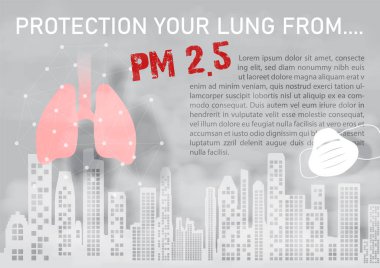 Toz maskesinde peyzaj şehri görünümünde 2.5 toz ve gri arka planda kötü sis kirliliği hakkında uyarı ifadeleri var. 2,5 toz kötü kirlilik uyarı poster kampanyası vektör tasarımı.