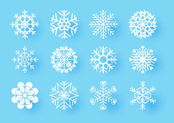 Разнообразные Снежинки Тенью Голубом Фоне — стоковый вектор