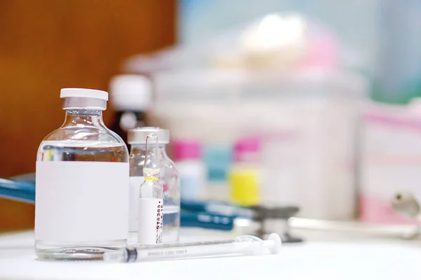 Vial Ampule Drugs Plastic Syringe White Table Blurred Background — ストック写真