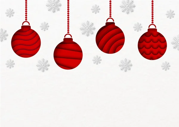 Süslü Noel Baloları Beyaz Kağıt Desenli Arka Planda Kar Taneleriyle — Stok Vektör