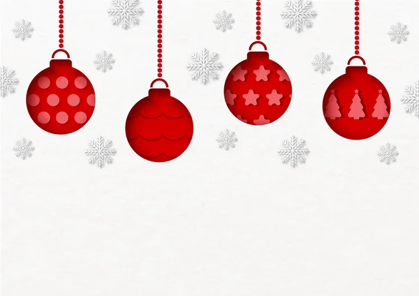 Geschmückte Weihnachtskugeln Hängen Mit Schneeflocken Auf Weißem Papiermuster Hintergrund Weihnachtsgrußkarte — Stockvektor