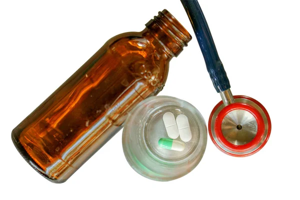 Vista Dall Alto Small Stethoscope Doctor Medicine Glass Brown Medicine — Foto Stock