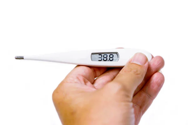 Close Hand Van Menselijke Holding Medische Thermometer Isoleren Witte Achtergrond — Stockfoto