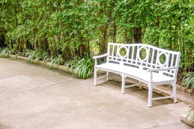 Kamu parkında klasik beyaz ahşap bank.