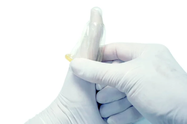 Doctor Hands Blue Medical Latex Glove Showing Demonstration Condom Use — 스톡 사진