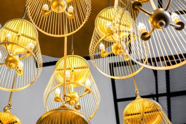 Otel lobisindeki modern avizeye bak..